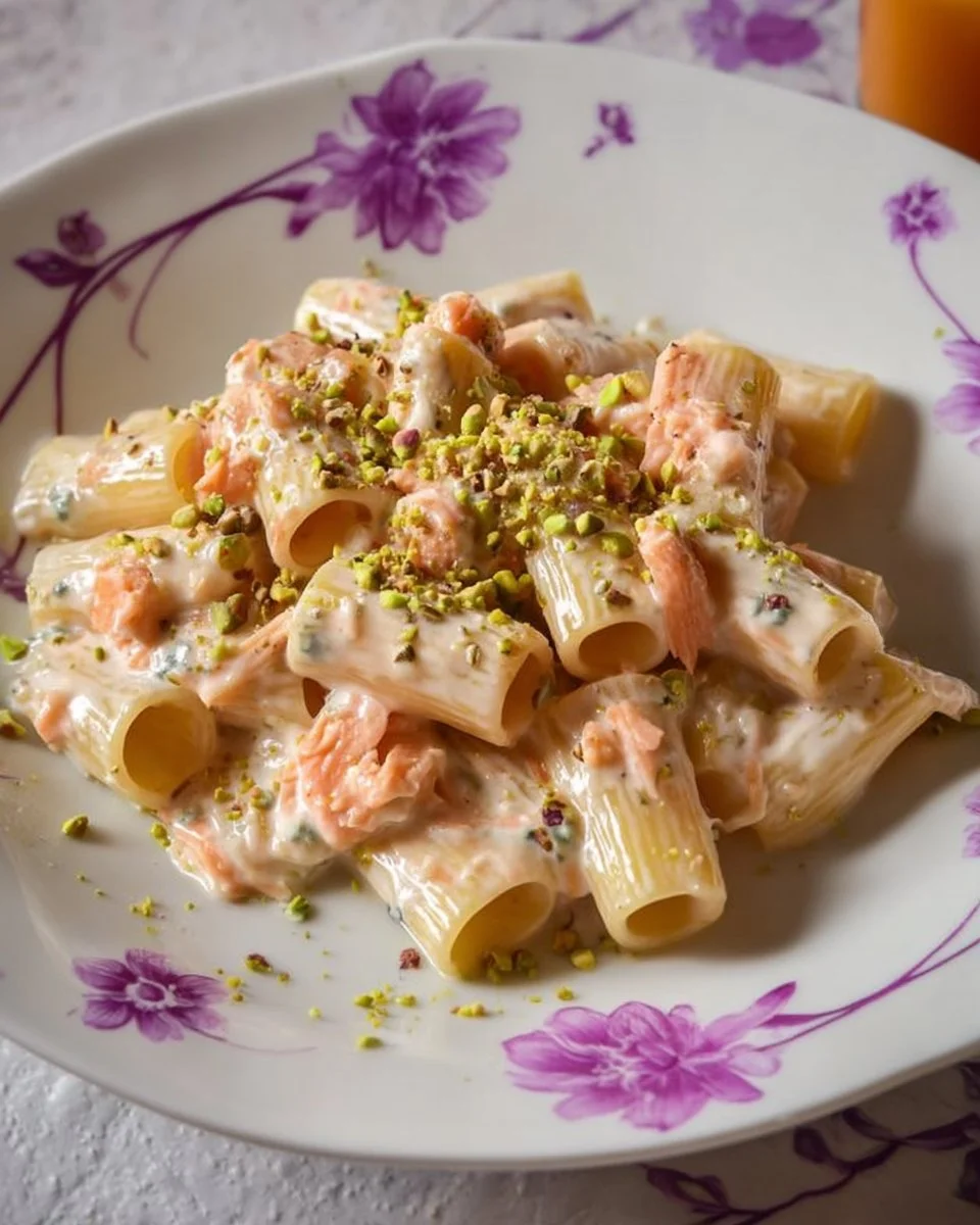 Pennoni rigati con gorgonzola, salmone affumicato e pistacchi tritati