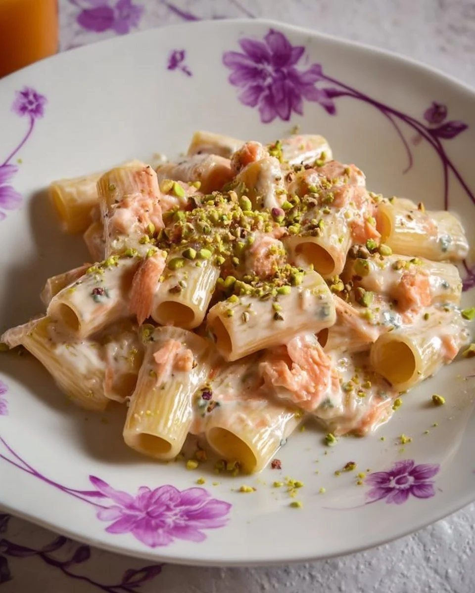 Pennoni rigati con gorgonzola, salmone affumicato e pistacchi tritati