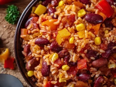 Riso in padella con peperoni, fagioli e mais