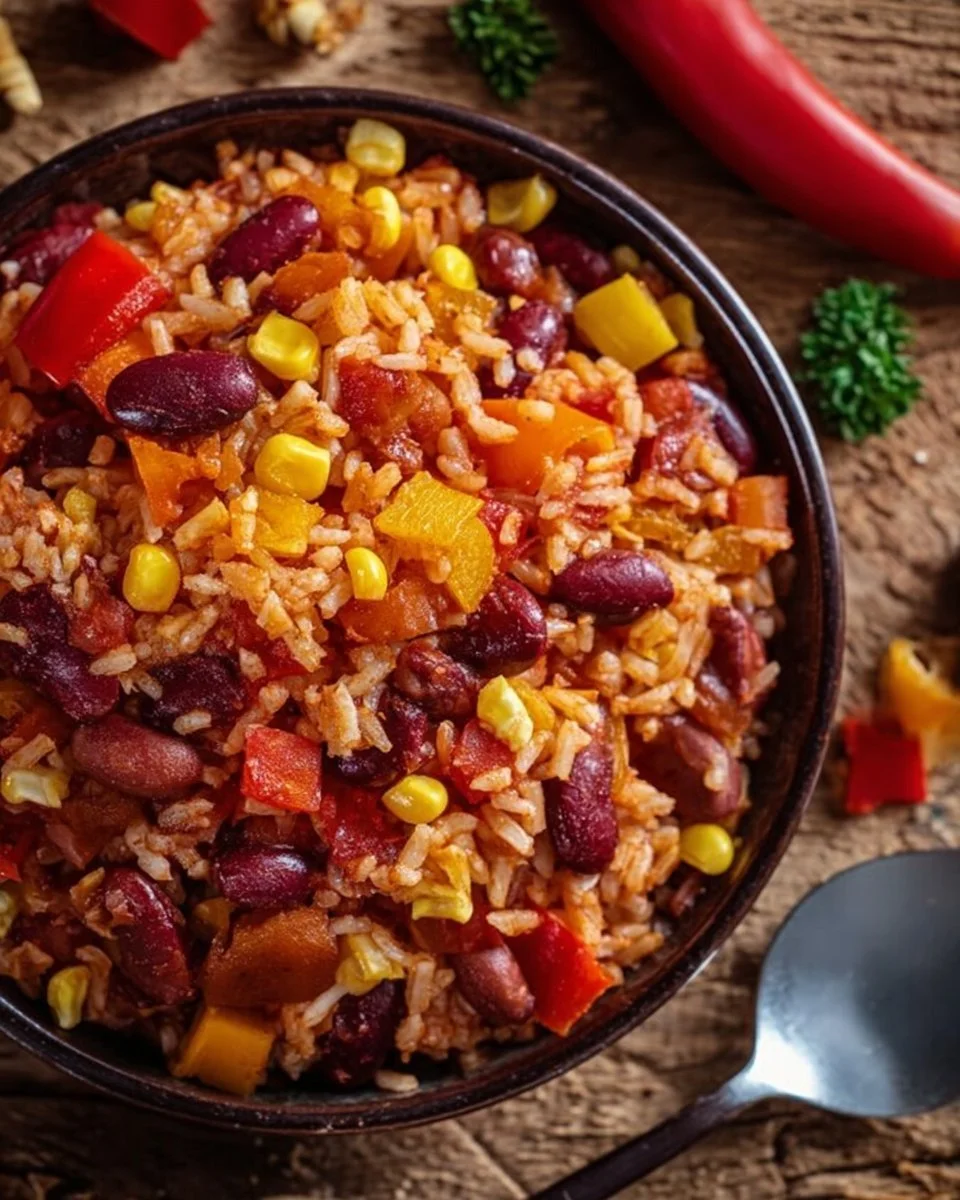 Riso in padella con peperoni, fagioli e mais