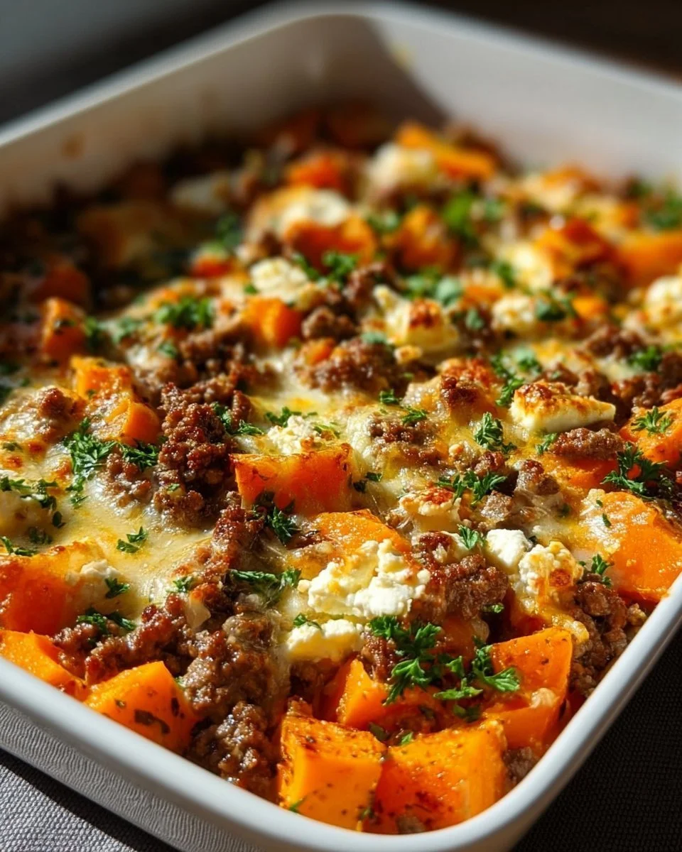 Sformato di patate dolci con carne macinata e feta