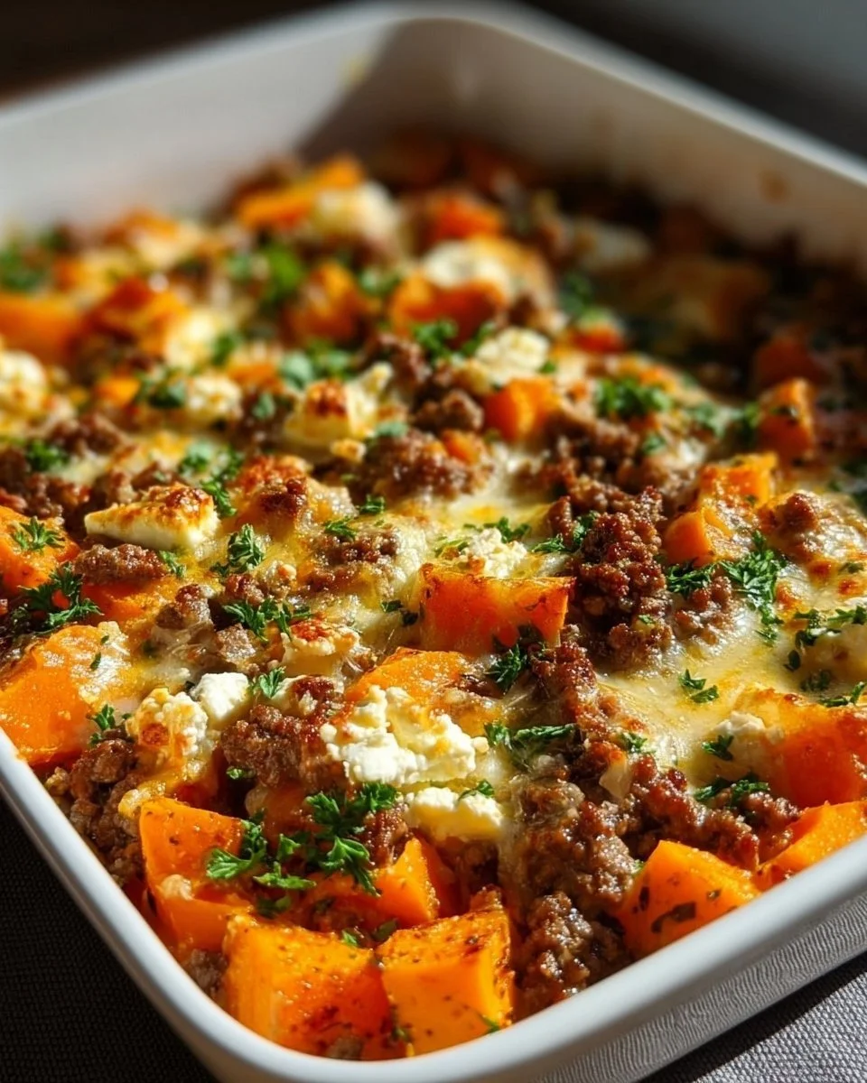 Sformato di patate dolci con carne macinata e feta