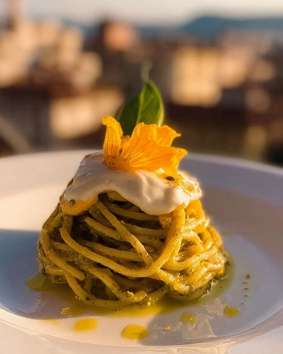 Spaghetti al pesto di fiori di zucca e crema di parmigiano 💚