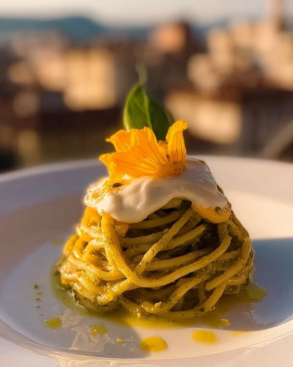 Spaghetti al pesto di fiori di zucca e crema di parmigiano 💚