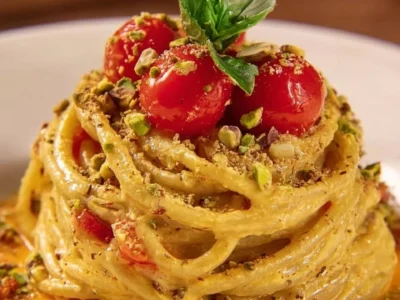 Spaghetti in crema di ricotta e pistacchi con pomodorini