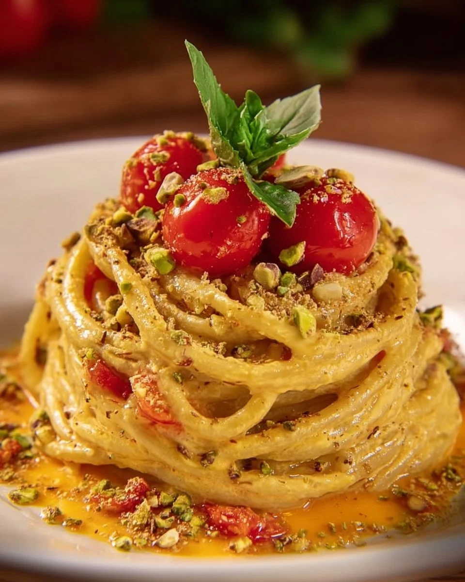 Spaghetti in crema di ricotta e pistacchi con pomodorini
