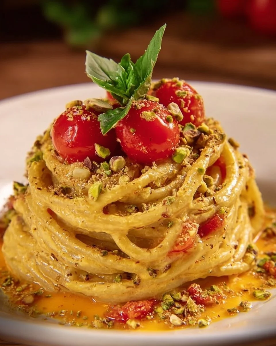 Spaghetti in crema di ricotta e pistacchi con pomodorini