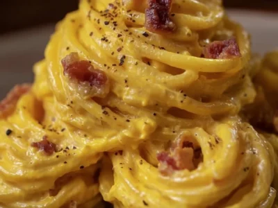 Spaghettoni alla crema di ricotta e zafferano con guanciale croccante