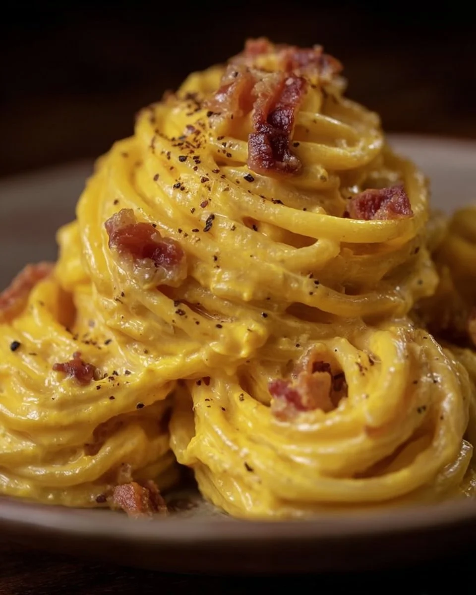 Spaghettoni alla crema di ricotta e zafferano con guanciale croccante