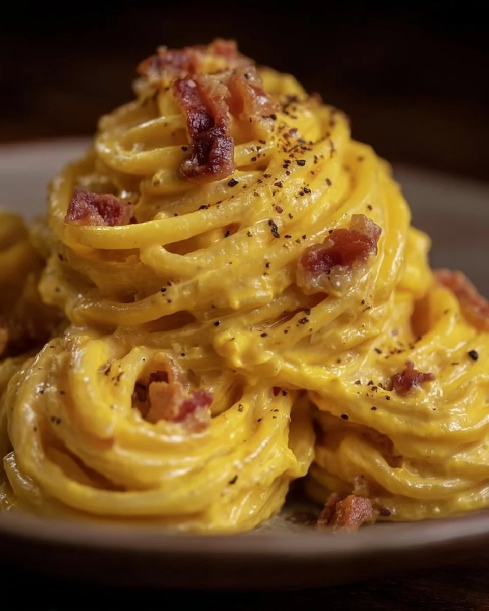 Spaghettoni alla crema di ricotta e zafferano con guanciale croccante