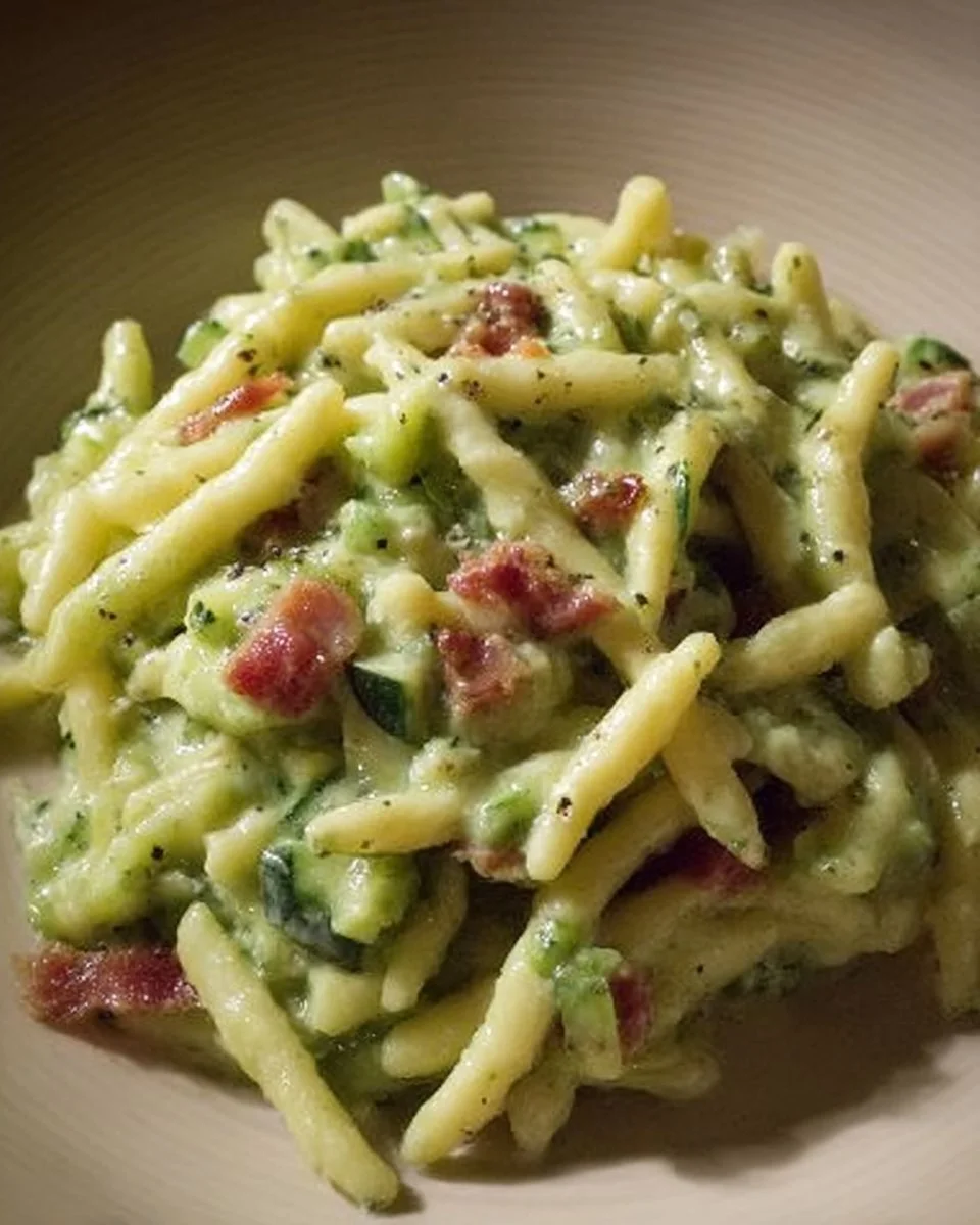 Trofie with zucchini cream and bacon