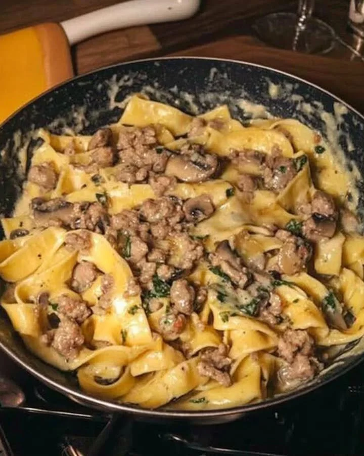Tagliatelle al panna, funghi e salsiccia